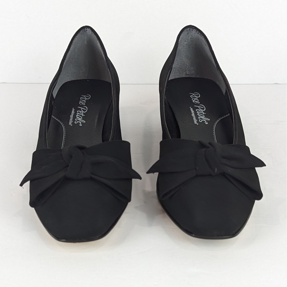 Rose Petals By Walking Cradles Dani Black Micro Pumps Size 7N Bow Career Heels - Picture 5 of 10